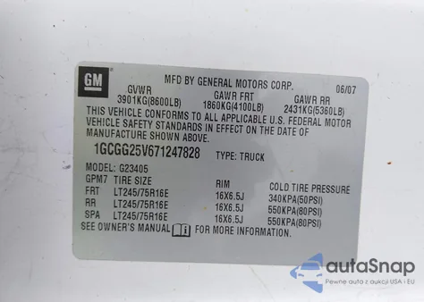 2007 Chevrolet Express Work Van z USA, uszkodzony, nr VIN 1GCGG25V671247828